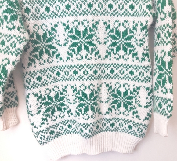 Handknit White and Green Snowflake Sweater - Picture 3 of 4